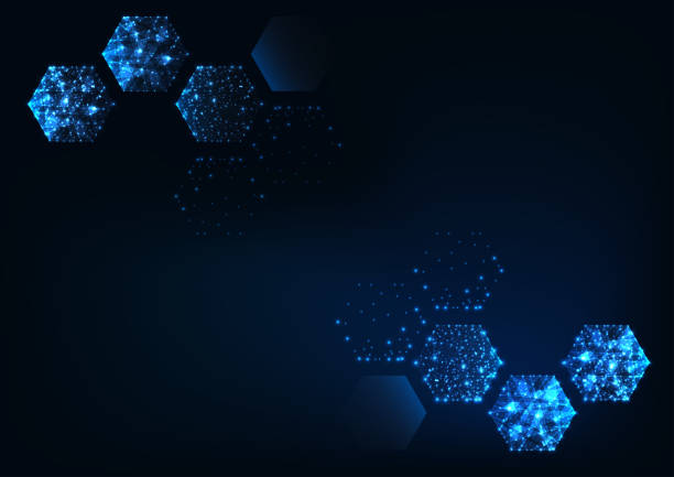 ilustrações de stock, clip art, desenhos animados e ícones de futuristic scientific hexagonal dark blue background with space for text. - nanotecnologia