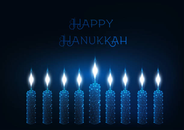 ilustraciones, imágenes clip art, dibujos animados e iconos de stock de feliz plantilla de tarjeta de felicitación hanukkah con nueve velas ardientes brillantes sobre fondo azul oscuro. - hanukkah menorah candle blue