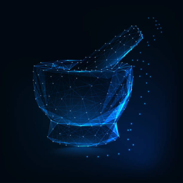 illustrations, cliparts, dessins animés et icônes de mortier médical et pilon fait de lignes, points, triangles, étoiles sur fond bleu foncé. - pilon et mortier