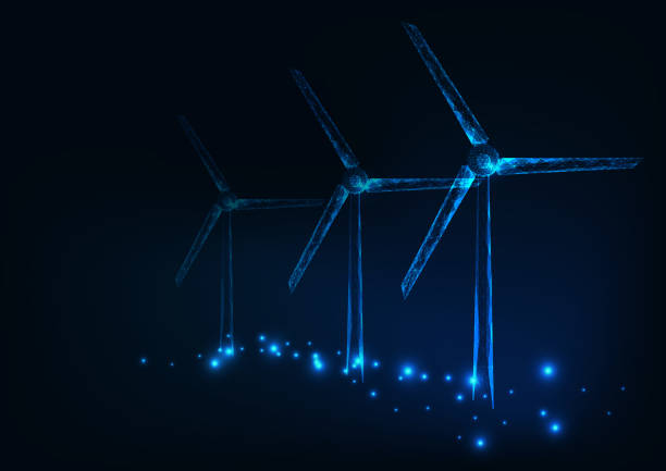 Three wind mills made of glowing triangles, lines, dots. Wind turbines field. Renewable sources of electric energy. Three wind mills made of glowing triangles, lines, dots. Wind turbines field. Renewable alternative sources of electric energy. Low polygonal wire frame design. Vector illustration. zero waste illustrations stock illustrations