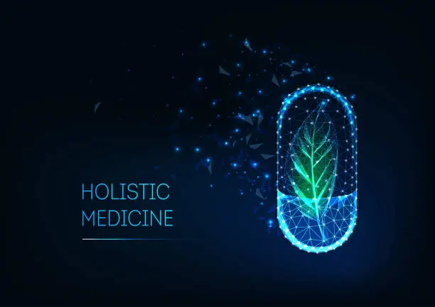 Vector illustration of Holistic medicine concept with glowing futuristic low polygonal capsule pill and green leaf.