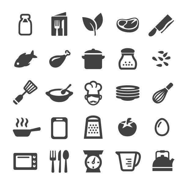 ikony gotowania - smart series - spoon vegetable fork plate stock illustrations