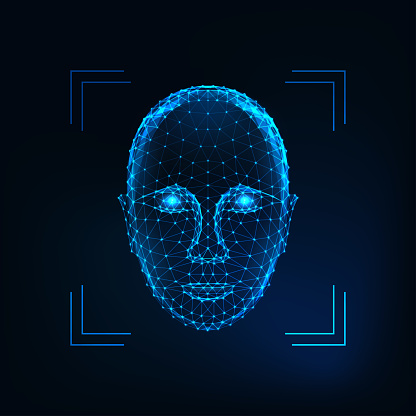 Biometric person identification, facial recognition concept. Futuristic low polygonal human face made of lines, dots, stars, triangles isolated on dark blue background. Vector illustration.