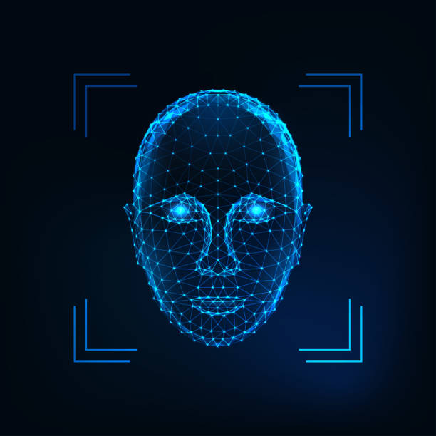 Biometric person identification, facial recognition concept. Futuristic low polygonal human face Biometric person identification, facial recognition concept. Futuristic low polygonal human face made of lines, dots, stars, triangles isolated on dark blue background. Vector illustration. anthropomorphic face stock illustrations