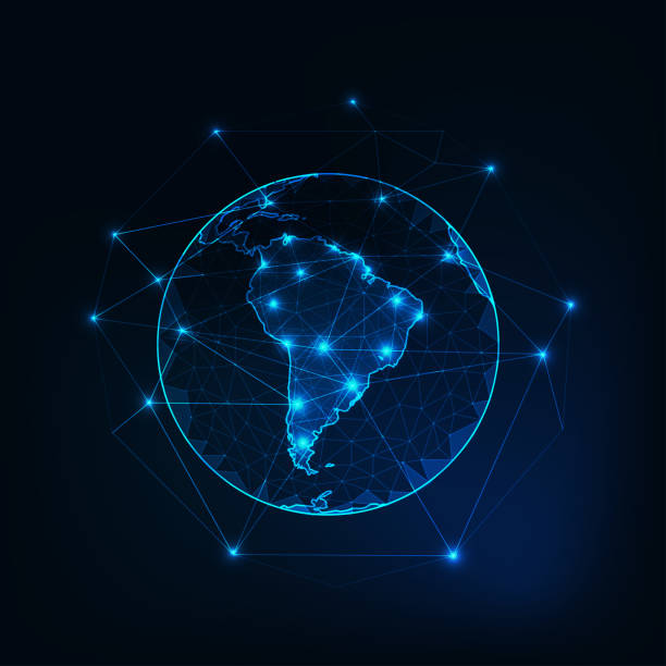 stockillustraties, clipart, cartoons en iconen met zuid-amerika op planet earth view vanuit de ruimte met continenten schetst een abstracte achtergrond. - latijns amerika