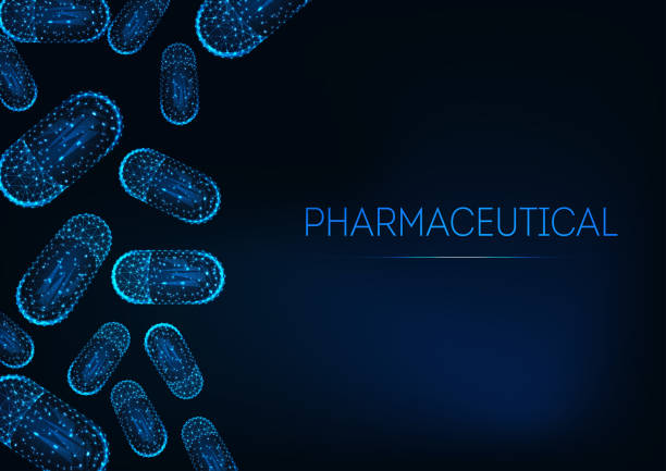 концепция футуристической медицины с светящейся низкой полигональной капсулы таблетки на темно-синий фон. - perscription capsule frame pill stock illustrations