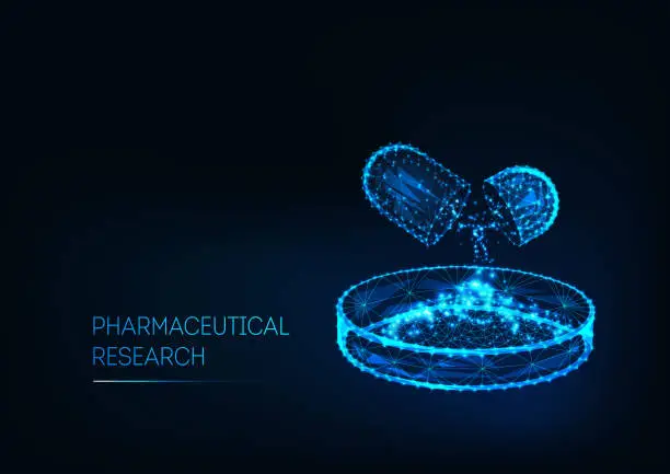 Vector illustration of Pharmaceutical research concept with medicine pill and Petri dish and text isolated on dark blue.