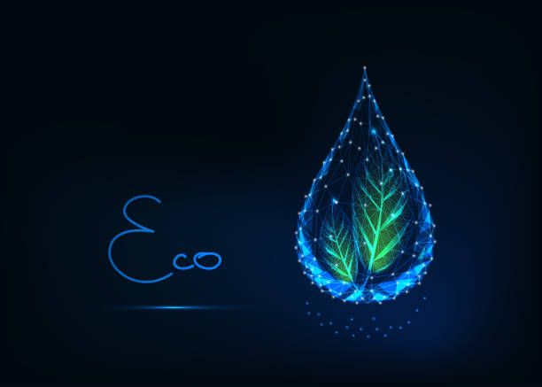Futuristic glowing transparent low polygonal water drop with green leaves and text eco. Futuristic glowing transparent low polygonal water drop with green leaves and text eco isolated on dark blue background. Ecology, environment care concept. Modern wireframe design vector illustration. neon turquoise stock illustrations