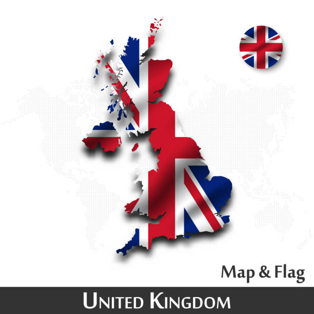 ilustrações de stock, clip art, desenhos animados e ícones de united kingdom of great britain map and flag . waving textile design . dot world map background . vector . - england map soccer soccer ball