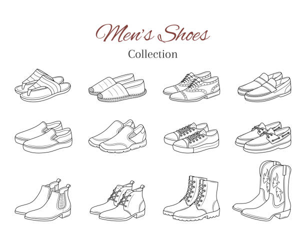 erkek ayakkabıları koleksiyonu. erkek ayakkabılar çeşitli türleri gündelik botlar, spor ayakkabıları, resmi ayakkabılar, vektör kroki illüstrasyon, beyaz arka planda izole. - oxford oxfordshire stock illustrations