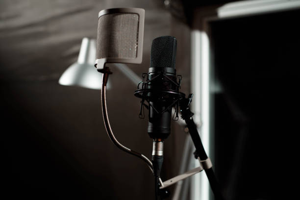 istock Close up studio condenser microphone with pop filter and anti-vi 1166062492