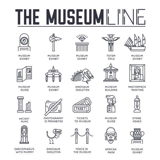 Set of museum building and objects thin line icons. Set of museum building and objects thin line icons isolated on white. Exposition artifacts and employee outline pictograms collection. Exhibition hall, tour guide vector elements for infographic, web. mobile sculpture stock illustrations