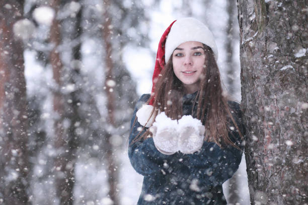istock Girl in a winter park in snowfall 1166064405