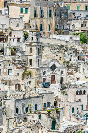 Detail of the houses of Matera with the church of San Pietro Barisano