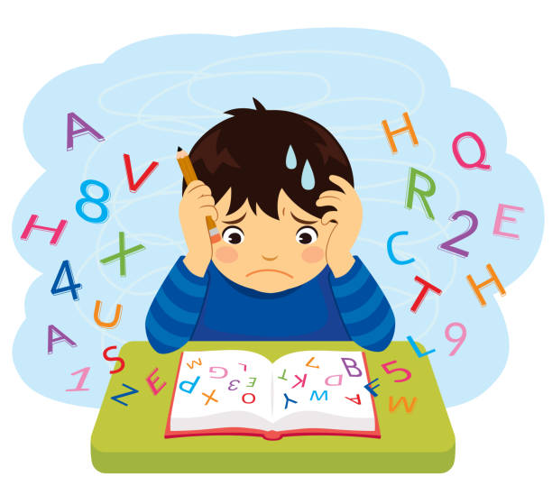 Kid with learning difficulties Confused kid looking at letters and numbers flying out of a book kid doing homework clip art stock illustrations
