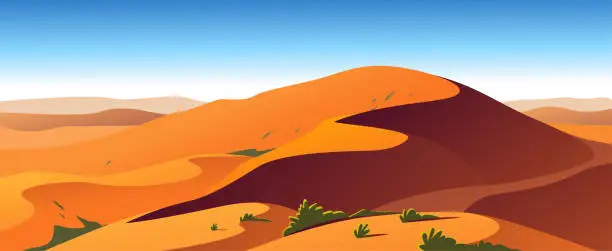 Vector illustration of Vector flat landscape minimalistic illustration of hot desert nature view: sky, dunes, sand, plants.