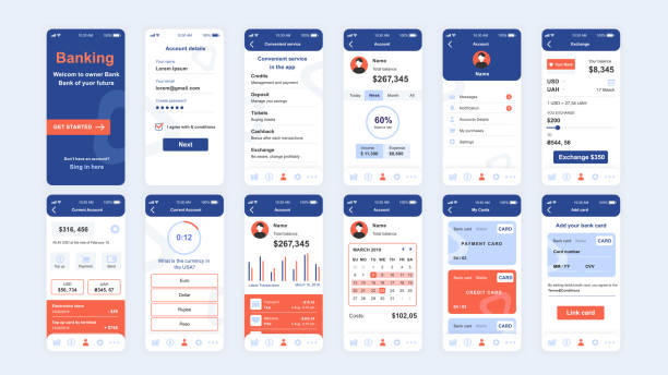Set of UI, UX, GUI screens Banking app flat design template for mobile apps Set of UI, UX, GUI screens Banking app flat design template for mobile apps, responsive website wireframes. Web design UI kit. Banking Dashboard. credit card paying banking business stock illustrations