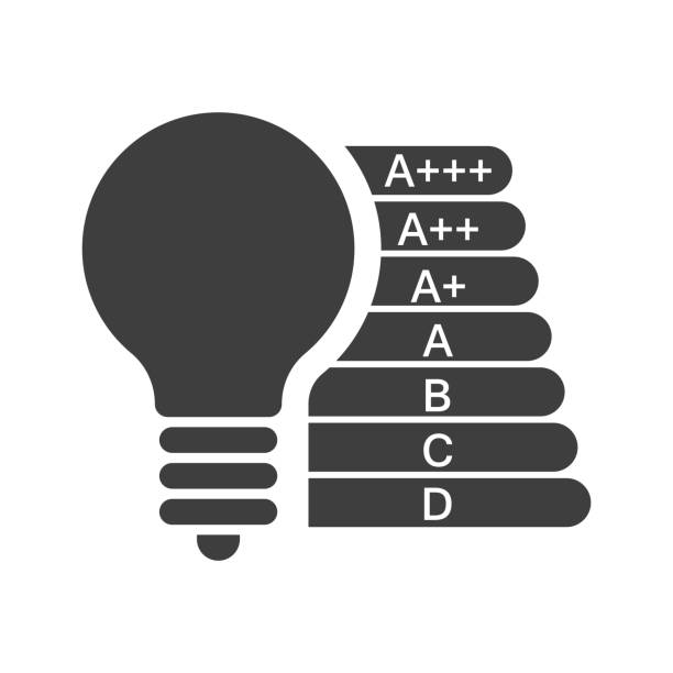 illustrations, cliparts, dessins animés et icônes de icône s'agite d'ampoules avec différents coefficients de consommation d'énergie. vecteur sur un fond blanc. - d key