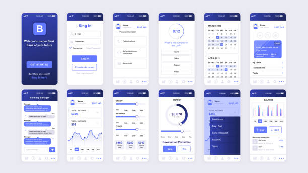Set of UI, UX, GUI screens Banking app flat design template for mobile apps Set of UI, UX, GUI screens Banking app flat design template for mobile apps, responsive website wireframes. Web design UI kit. Banking Dashboard. user experience stock illustrations
