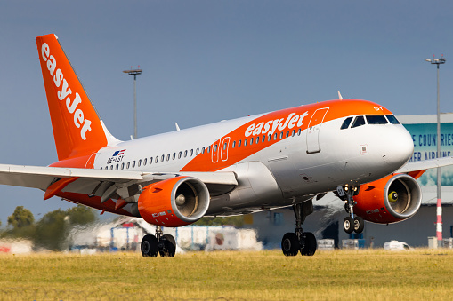 PRAGUE, CZECH REPUBLIC - JULY 21: Airbus A319 of EasyJet  arrival to PRG Airport in Prague on July 21, 2019. Easyjet is a the second largest low cost airliner in Europe.