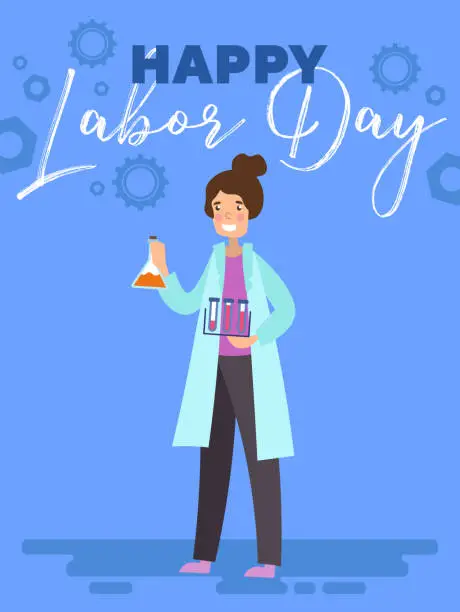 Vector illustration of Happy Labor Day poster or greeting card design with a Female Scientist Chemist standing with test tubes under text over a blue background, colorful vector cartoon, illustration.