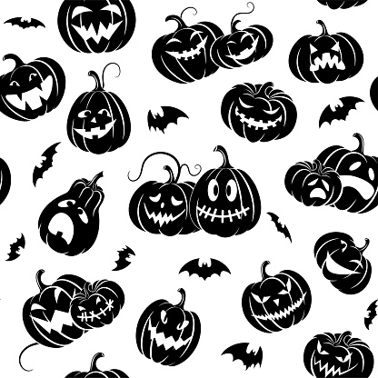 Halloween. Set  scary pumpkins and bats. Black silhouette isolated. Seamless pattern. Template  design packing,  background, textiles of festive  for Halloween. Vector illustration