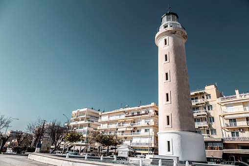 Alexandroupoli, Greece - February 19, 2018: The Lighthouse of Alexandroupoli, the easternmost city of Greece, bordering Turkey. The city is located in Evros region.