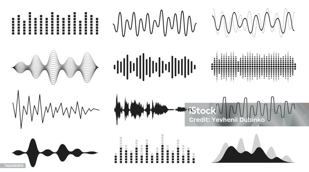 Set di onde sonore. Forme d'onda di linea analogiche e digitali. Onde sonore musicali, equalizzatore e concetto di registrazione. Segnale sonoro elettronico, registrazione vocale - arte vettoriale royalty-free di Motivo a onde