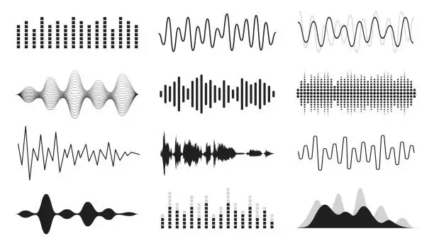 Vector illustration of Set of sound waves. Analog and digital line waveforms. Musical sound waves, equalizer and recording concept. Electronic sound signal, voice recording