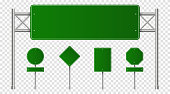 Set of green road signs. Blank traffic signs, highway boards, signpost and signboard. Realistic traffic signs isolated on transparent background