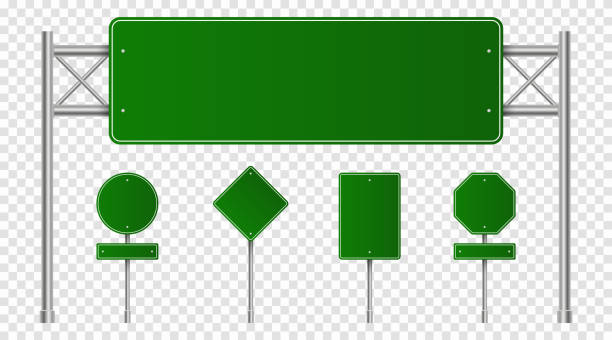 Set of green road signs. Blank traffic signs, highway boards, signpost and signboard. Realistic traffic signs isolated on transparent background Set of green road signs. Blank traffic signs, highway boards, signpost and signboard. Realistic traffic signs isolated on transparent background. Vector road sign stock illustrations