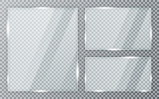 Glass plates set on transparent background. Acrylic and glass texture with glares and light. Realistic transparent glass window in rectangle frame. Vector