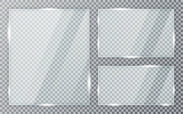 Glass plates set on transparent background. Acrylic and glass texture with glares and light. Realistic transparent glass window in rectangle frame Glass plates set on transparent background. Acrylic and glass texture with glares and light. Realistic transparent glass window in rectangle frame. Vector glass textures stock illustrations