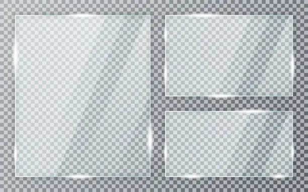 Vector illustration of Glass plates set on transparent background. Acrylic and glass texture with glares and light. Realistic transparent glass window in rectangle frame