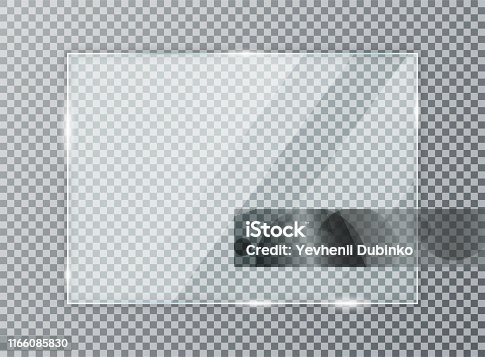 istock Glass plate on transparent background. Acrylic and glass texture with glares and light. Realistic transparent glass window in rectangle frame 1166085830