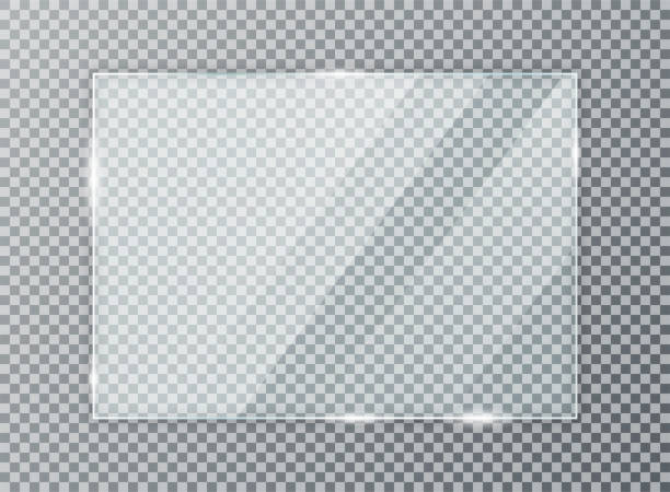 Glass plate on transparent background. Acrylic and glass texture with glares and light. Realistic transparent glass window in rectangle frame Glass plate on transparent background. Acrylic and glass texture with glares and light. Realistic transparent glass window in rectangle frame. Vector photographic effects stock illustrations