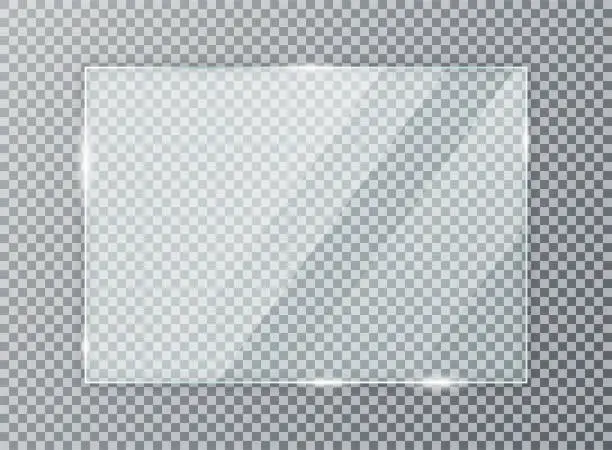 Vector illustration of Glass plate on transparent background. Acrylic and glass texture with glares and light. Realistic transparent glass window in rectangle frame