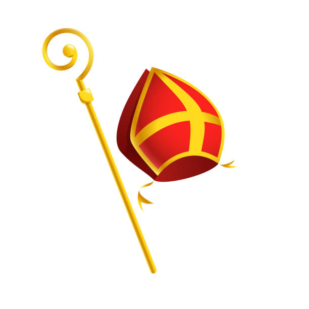 st. nikolaus oder sinterklaas attribute gehrung und goldenen crosier stick - isoliert auf weißem hintergrund - heiliger stock-grafiken, -clipart, -cartoons und -symbole