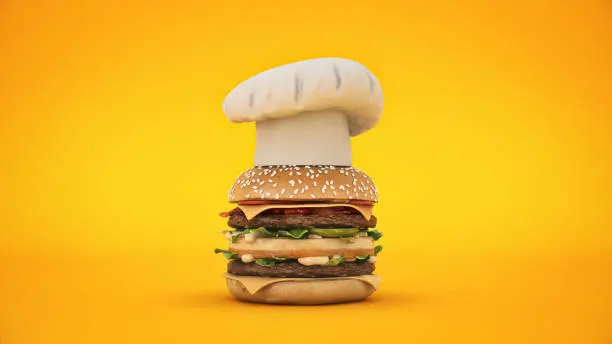 Photo of hamburger with hat chef. 3d rendering