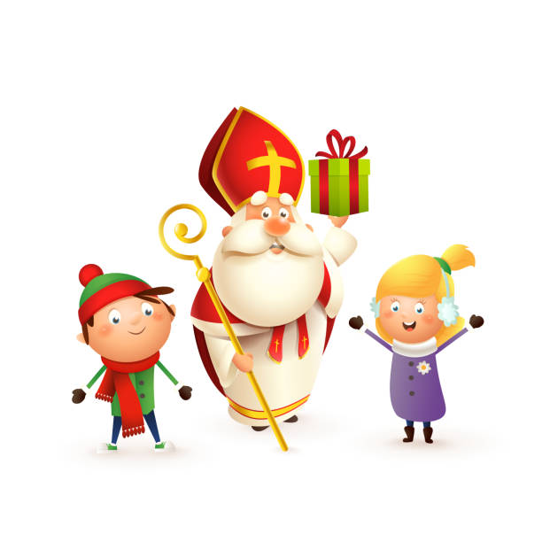 Saint Nicholas or Sinterklaas with kids girl and boy celebrate holidays - isolated on white background Saint Nicholas or Sinterklaas with kids girl and boy celebrate holidays - isolated on white background bishop clergy stock illustrations