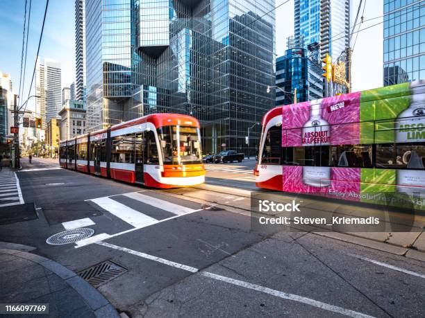 Toronto Mass Transit Street Cars Stock Photo - Download Image Now - Air Pollution, Architecture, Banking