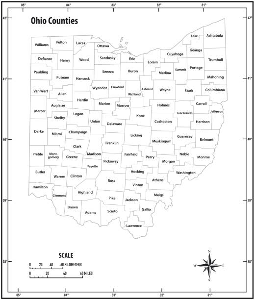 ilustraciones, imágenes clip art, dibujos animados e iconos de stock de el estado de ohio esboza el mapa de vectores administrativos y políticos en blanco y negro - map ohio cartography usa