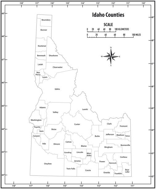 idaho state outline administracyjnej i politycznej mapy wektora w czerni i bieli - idaho stock illustrations