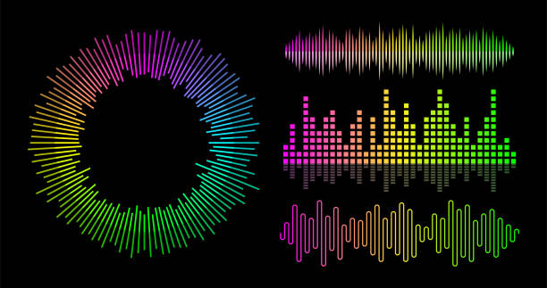 illustrazioni stock, clip art, cartoni animati e icone di tendenza di set di equalizzatori di onde musicali vettoriali. elementi dell'interfaccia utente del lettore audio. - sound wave sound mixer frequency wave pattern