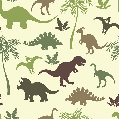 Seamless pattern with colorful dinosaur silhouettes, stegosaurus, Triceratops, Tyrannosaurus, Brontosaurus, pterodactyl and others