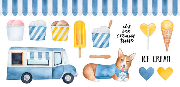 ilustrações, clipart, desenhos animados e ícones de pacote grande de vários produtos saborosos do gelado, caráter engraçado do filhote de cachorro do corgi, carro do restaurante, teste padrão sem emenda listrado do toldo, vara de madeira, corações, frases do texto. desenho gráfico desenhado mão do w - ice cream truck