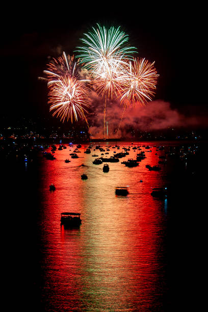Fireworks August 2019 Vancouver viewed from Burrard Bridge stock photo