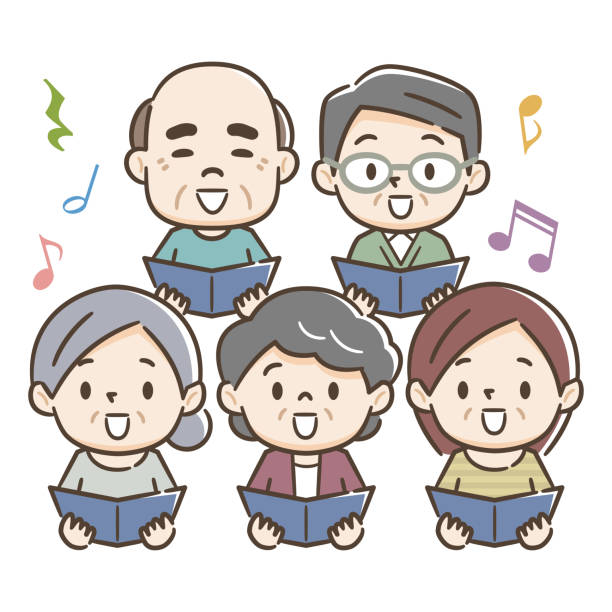 Happy senior adults singing from song books vector art illustration