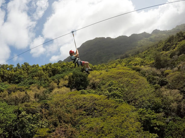 zip podszewka przygoda w dżungli kauai z mamą - zip lining zdjęcia i obrazy z banku zdjęć