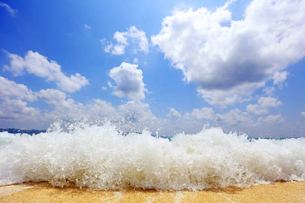Foamy sea surfaces and gentle blue water create a tranquil ocean scene, emphasizing frothy texture, light reflections, and cool coastal mood.
